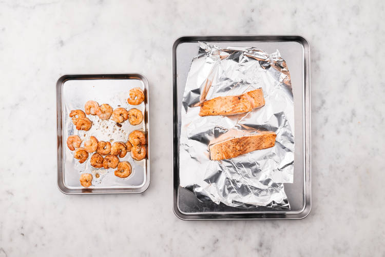 Broil salmon and shrimp