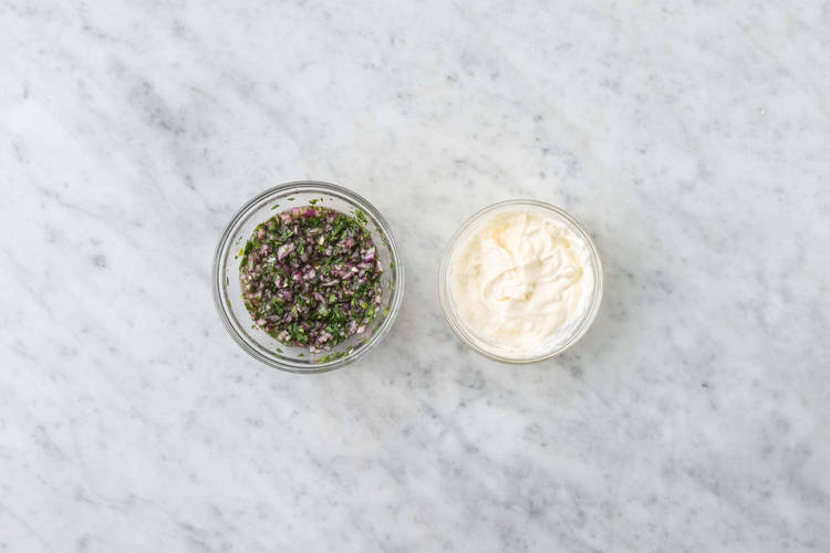 Make chimichurri and feta aioli