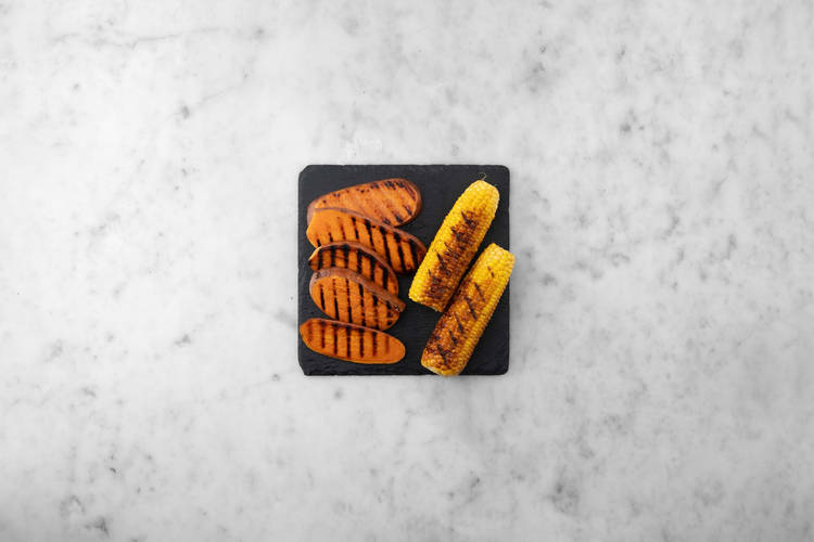 Grill corn and sweet potatoes