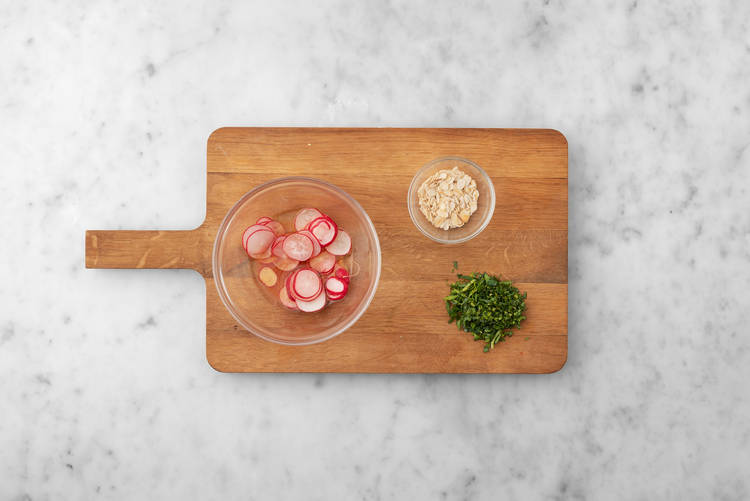 Toast almonds, finish prep and make vinaigrette