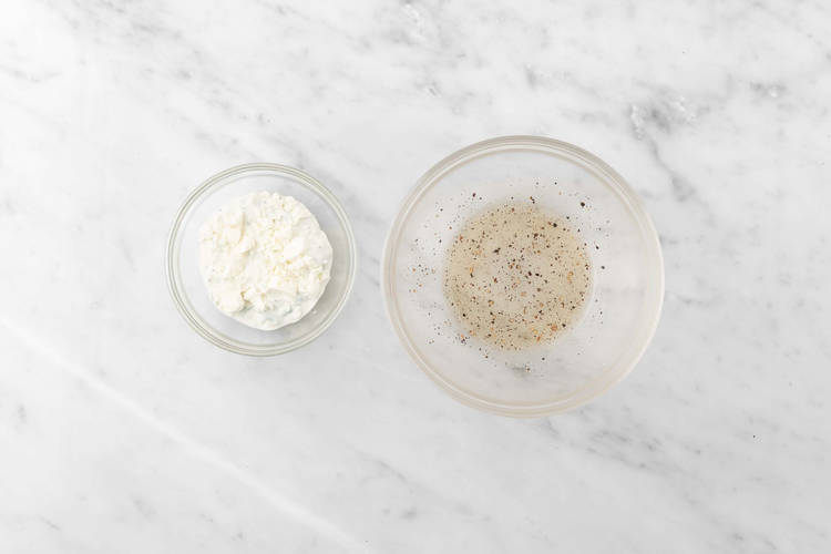 Make vinaigrette and tzatziki-feta spread