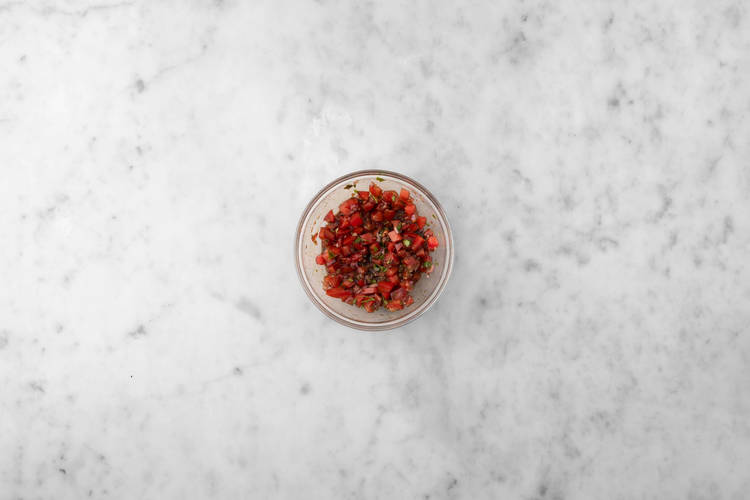 Make bruschetta mixture and prep crostini