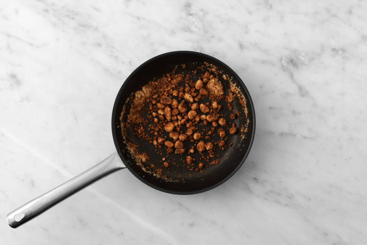 Finish toffee sauce and make graham cracker crumble