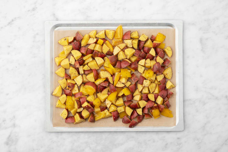 Prep and roast potatoes and peppers