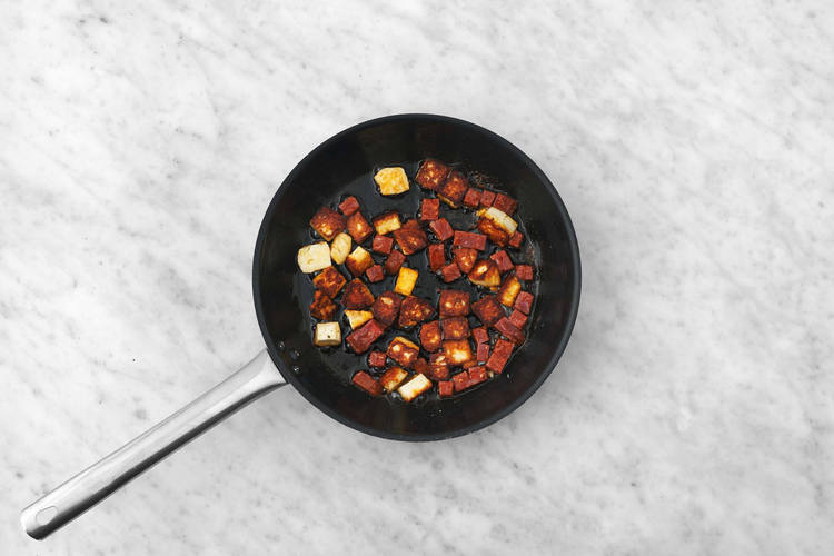 Fry the Halloumi and Chorizo