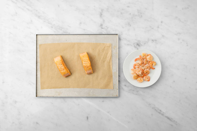 Roast salmon and cook shrimp