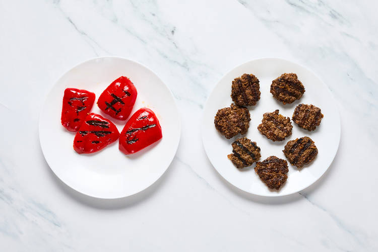 Grill patties and peppers