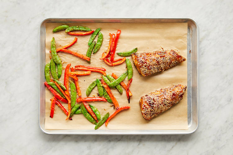 Roast veggies and sea bass