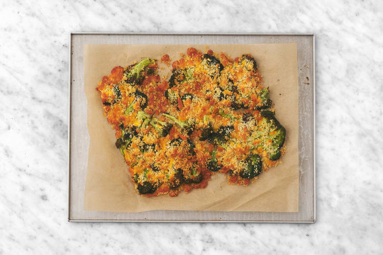 Make panko topping and smash broccoli