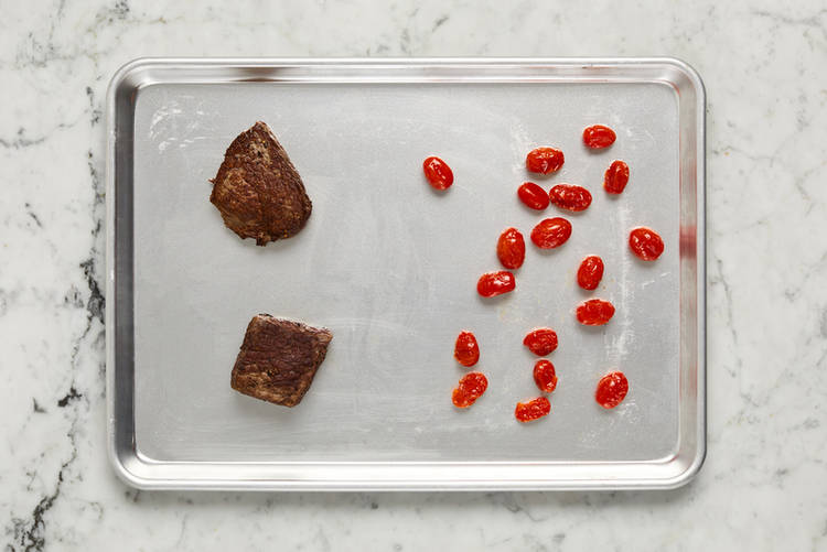Roast steak and blister tomatoes