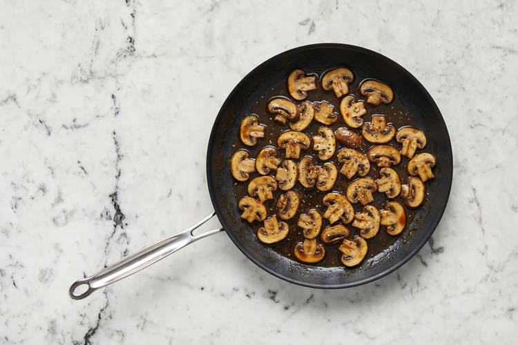 Rest pork and cook mushrooms