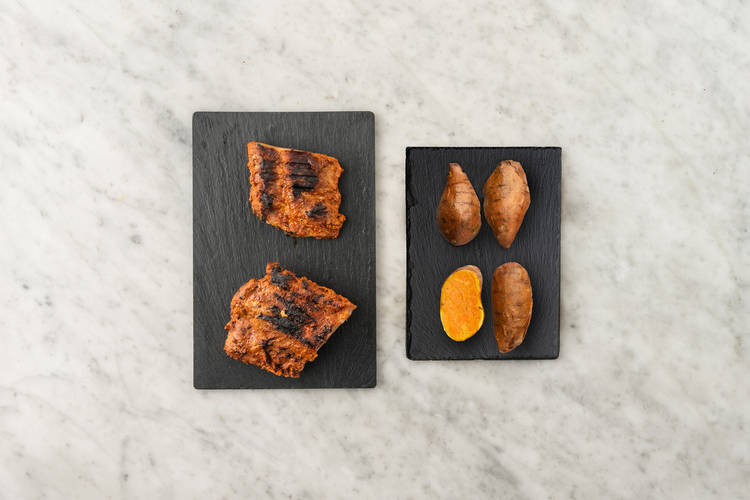 Grill sweet potatoes and ribs
