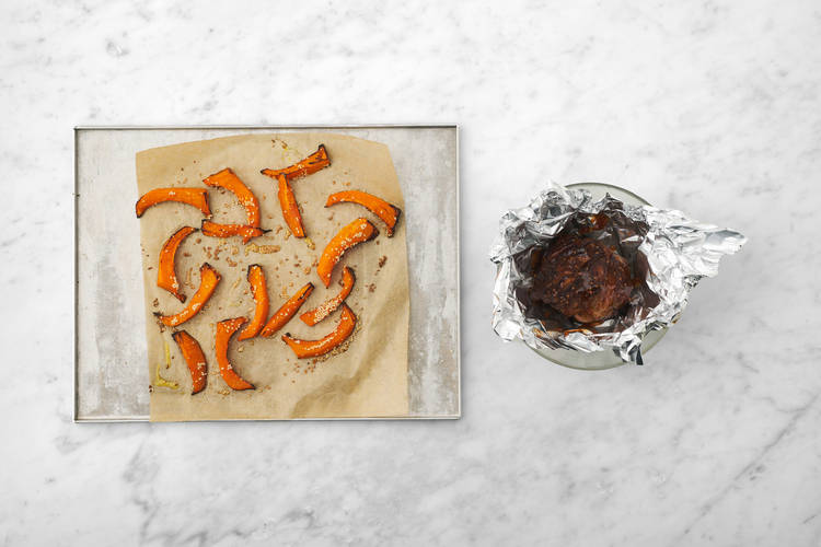 Roast the lamb and pumpkin