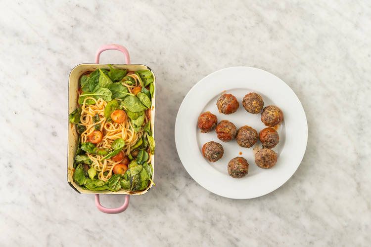 Cook the pasta & finish the meatballs 