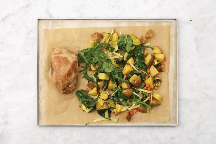 Grill the pork belly & Toss the veggies