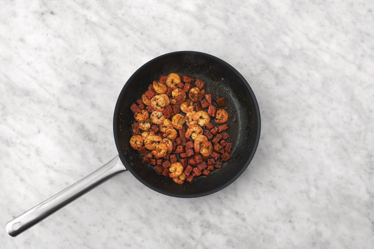Cook the prawns & chorizo