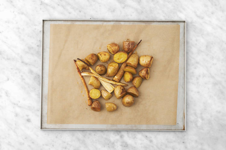 Roast the baby potatoes & parsnip