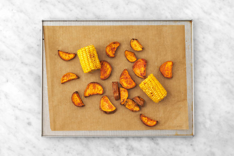 Bake the sweet potato chunks & corn 