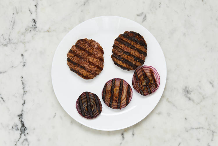 Grill patties and onion