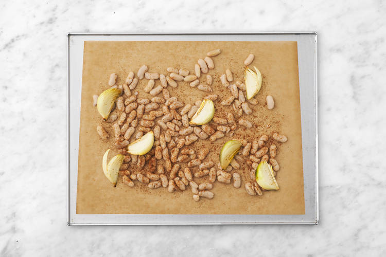 Roast the beans & onion 