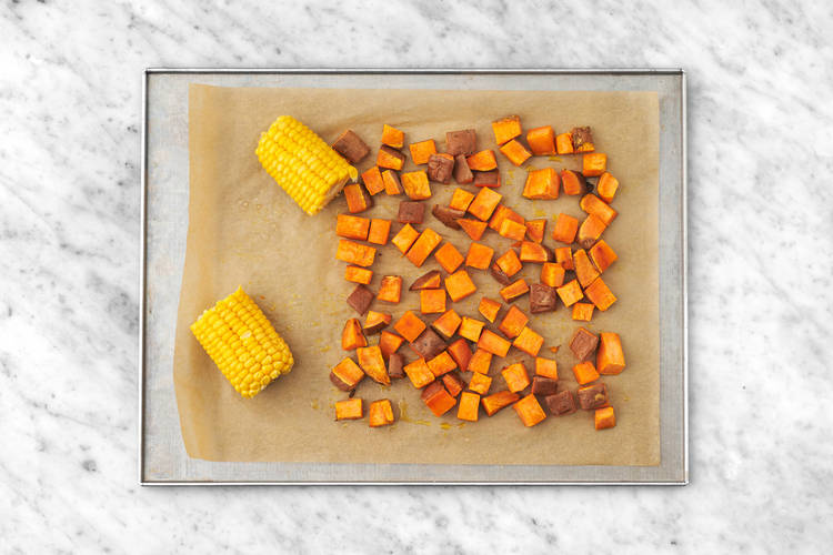 Bake the sweet potato chunks & corn