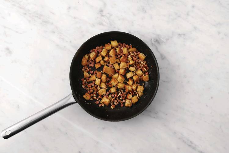 Cook the croutons & bacon