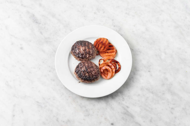 Grill patties and onions