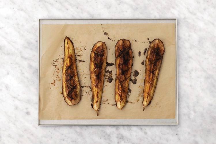 Roast the eggplant & cook the beef