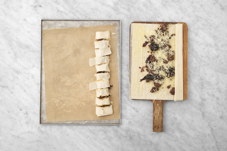 Assemble the filo-wrapped bites