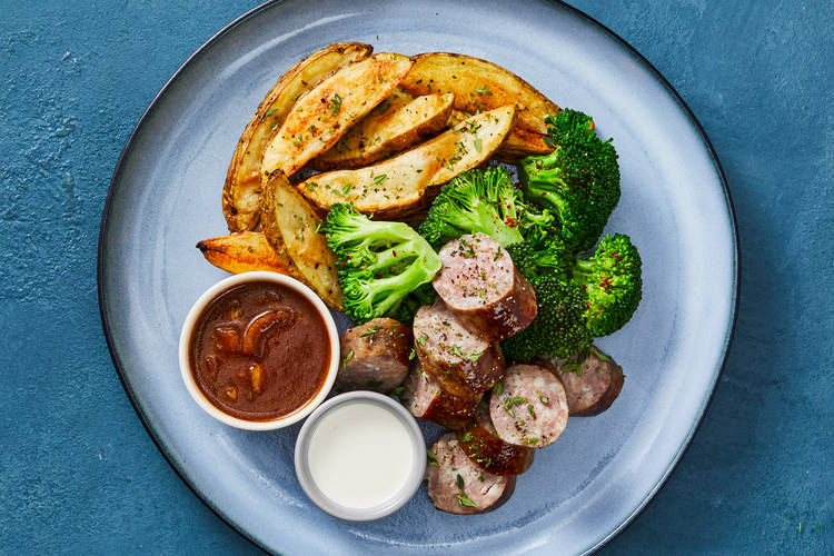 Currywurst with Buttery Broccoli plus Roasted Potato Wedges & Garlic Mayo