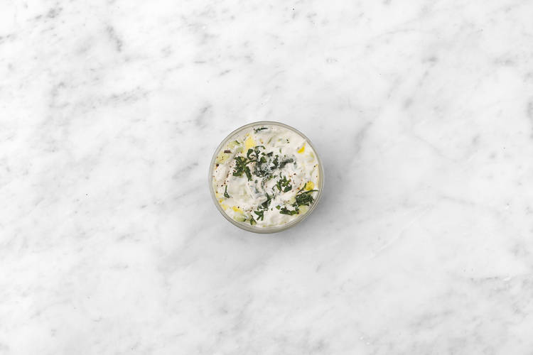 Make the tzatziki & cook the halloumi