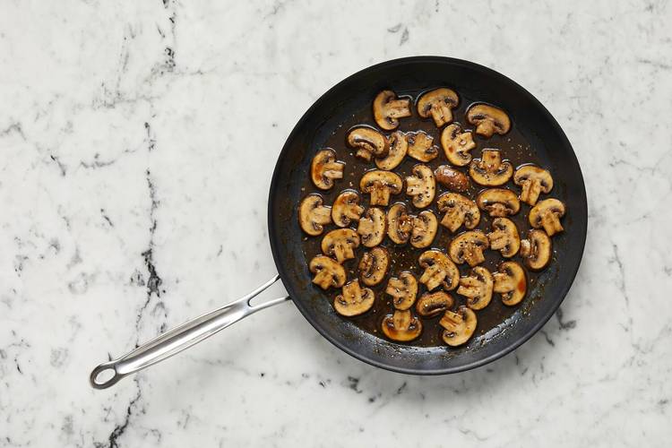 Rest pork and cook teriyaki mushrooms