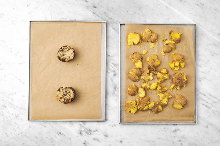 Roast the potatoes & mushrooms