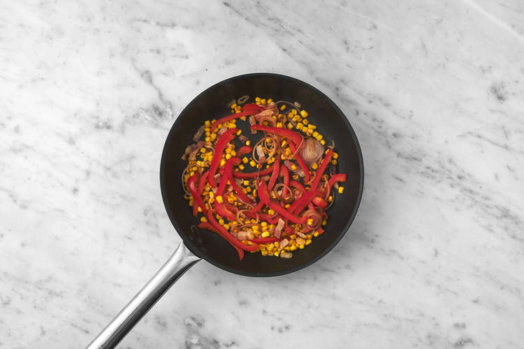 Cook the veggies, bacon & chicken