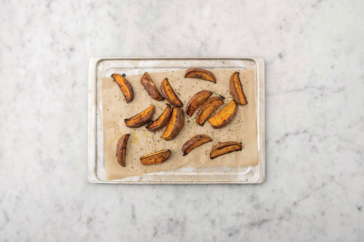 Bake the sweet potato wedges 
