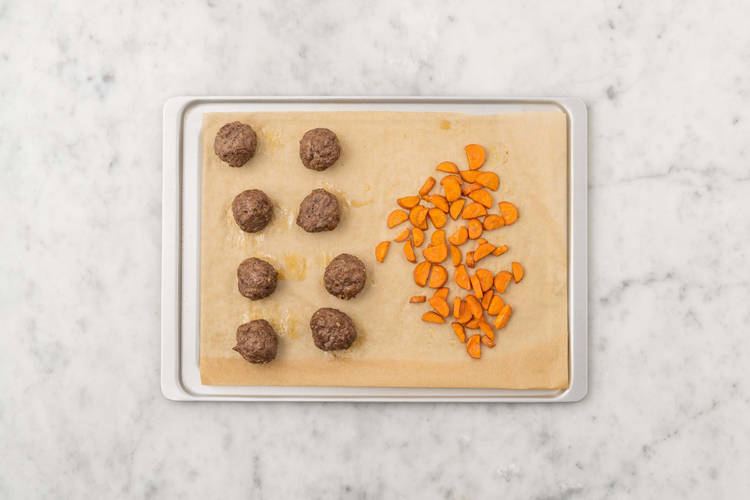 Roast carrots and Impossible® Burger Patties meatballs