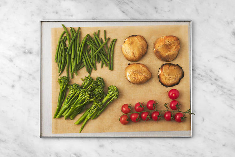 Roast the greens & vine tomatoes