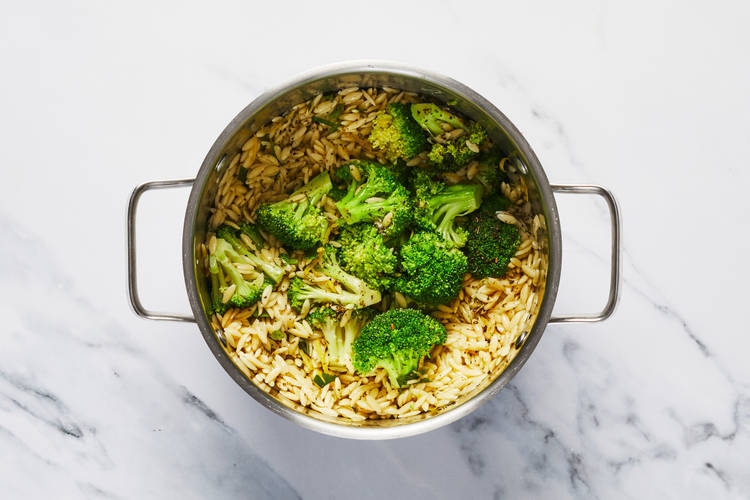 Cook broccoli and finish orzo