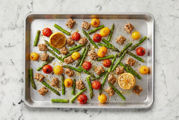 Prep sausage and roast with veggies
