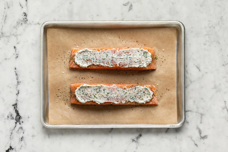 Prep goat cheese mixture and cook salmon
