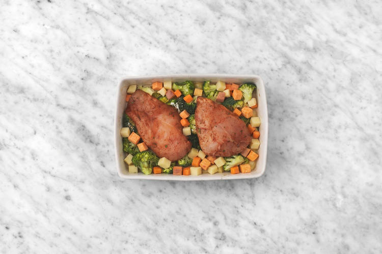 Bake the chicken & cook the prawns