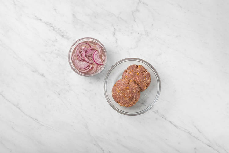 Pickle the onion & make the patties