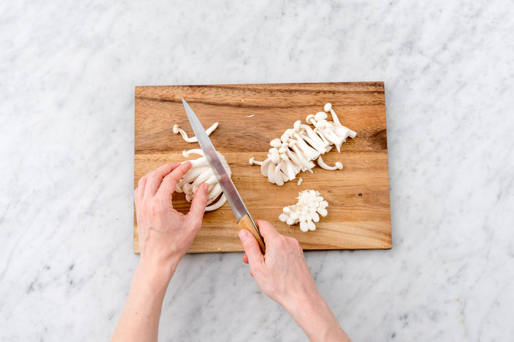 Cut the enoki mushrooms
