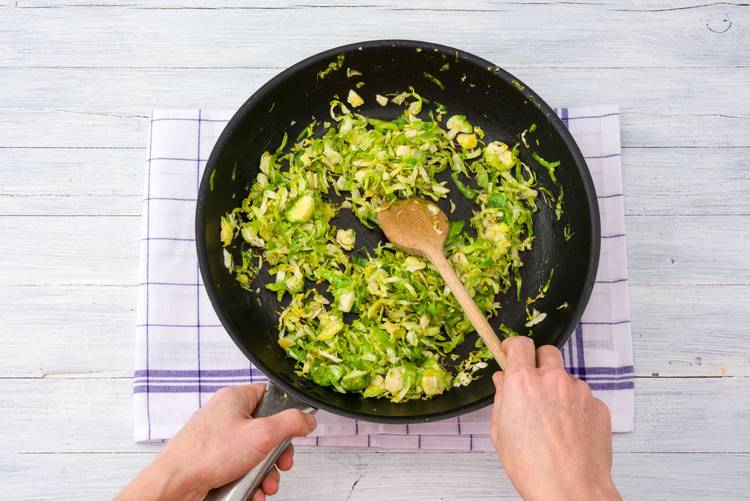 Drain the lentils and cook the brussels sprouts