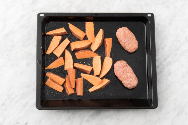Bake meatloaves and sweet potato