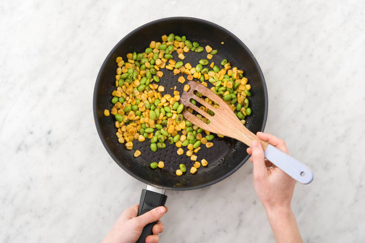 Brown the corn and edamame